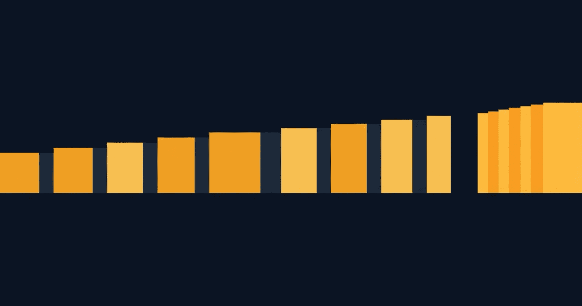 Abstract flat illustration in warm amber and gold on a dark navy ground, a horizontal row of segmented bars stepping from left to right toward a brighter amber cluster on the right, evoking a pre-show advancing timeline, no text.