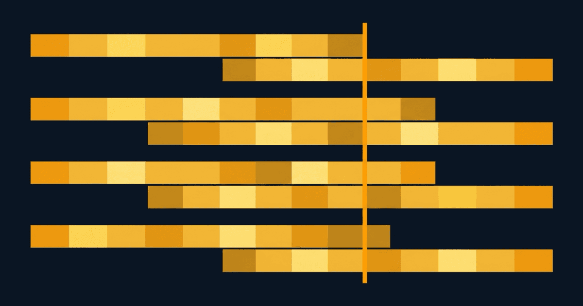 Abstract flat geometric illustration in amber and gold on a dark navy ground, four parallel bands of offset rectangles crossing a single vertical accent line, evoking overlapping calendar streams.