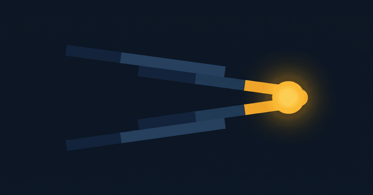 Abstract flat illustration in warm amber and gold on a dark navy ground, two offset stacked bars balancing toward a single bright amber node on the right, evoking a settlement reconciling toward a final payout, no text.