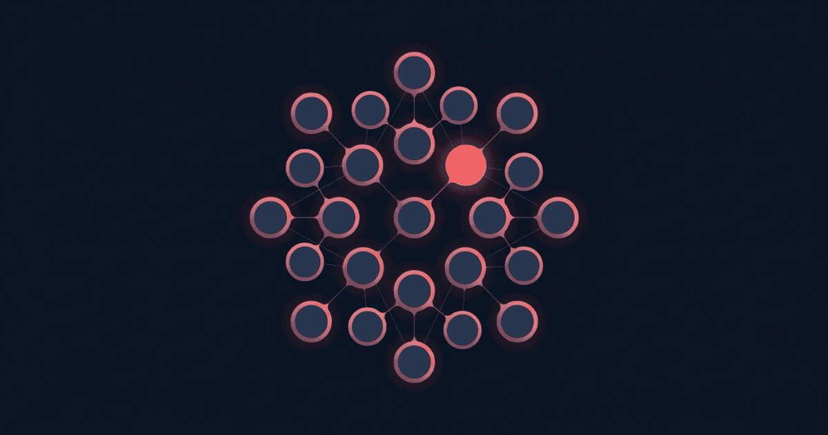 Abstract flat illustration in rose and coral tones on a dark navy ground, a radial cluster of connected nodes with one bright coral node pulsing at the center, evoking a contact network with an overdue follow-up, no text.