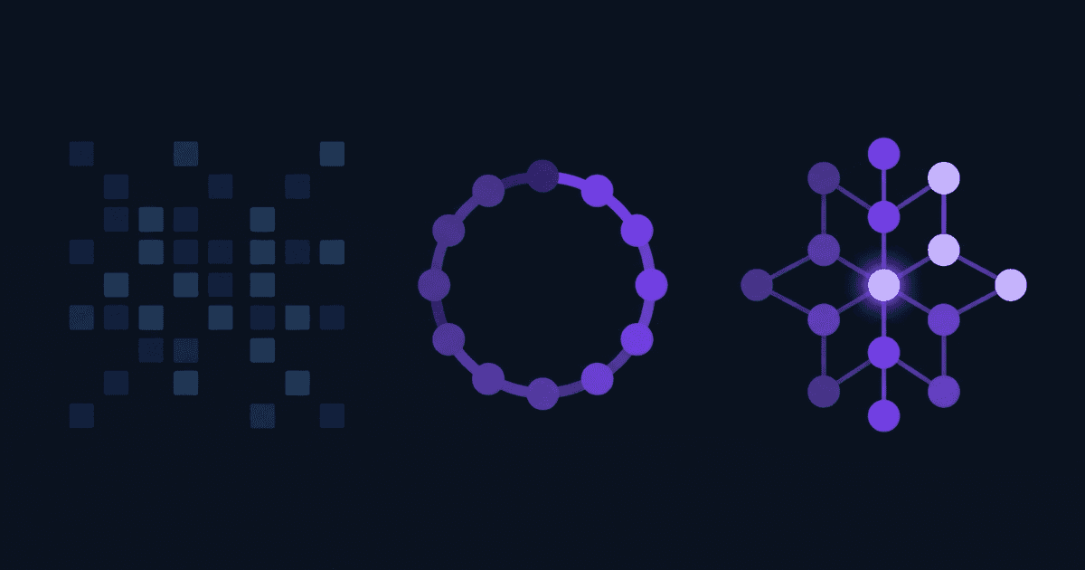 Abstract flat illustration of three parallel node clusters — a loose scattered grid, a tight circular pipeline, and a connected music-role network — in violet tones on a dark navy ground, one bright focal node, no text or UI elements.