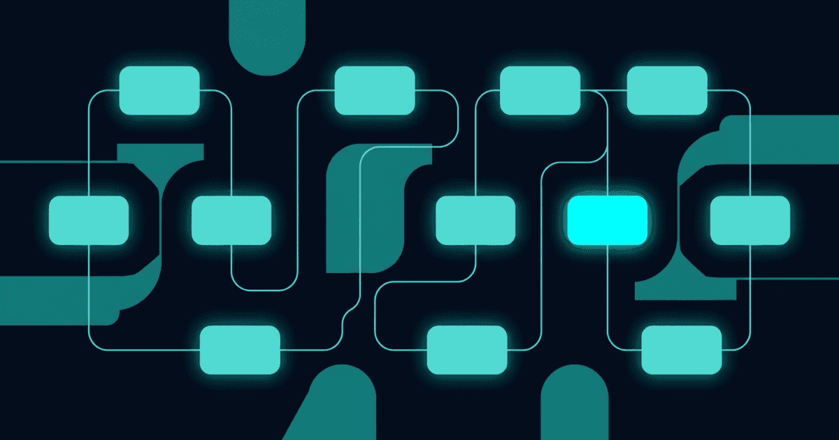 Abstract flat geometric illustration of eight connected rounded nodes arranged in a weekly cycle in teal and cyan tones on a dark ground, with one bright focal node, evoking a repeating operating rhythm without text or UI.