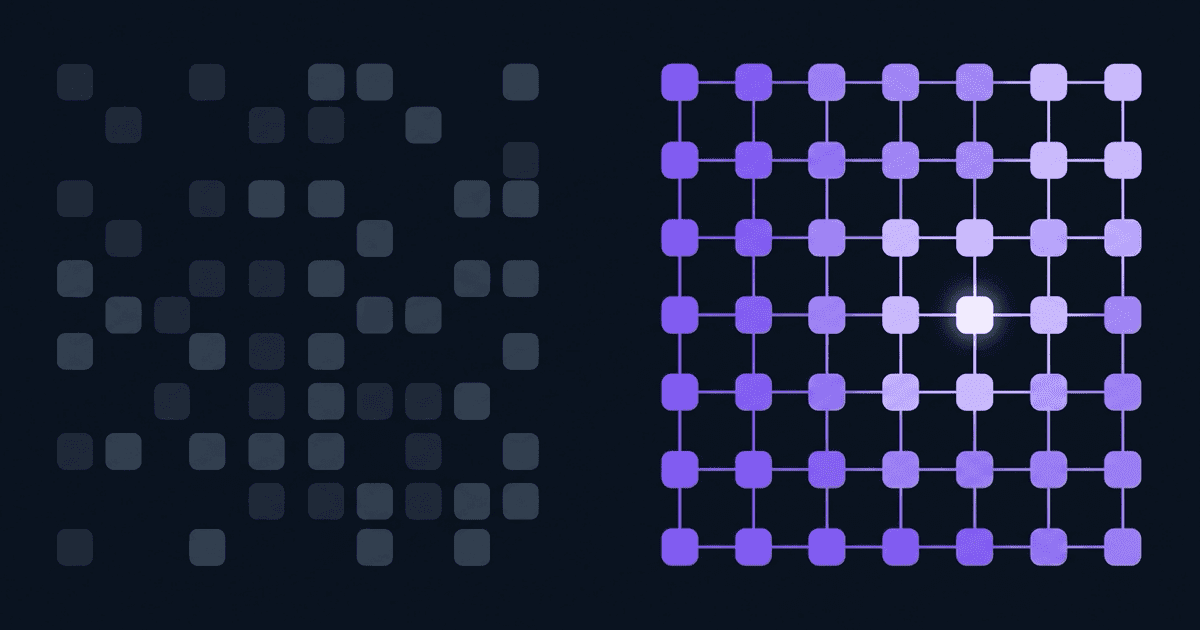 Abstract flat illustration of two contrasting grids — a loose scattered grid and a connected node grid in violet tones on a dark ground, one bright focal node, no text or UI elements.