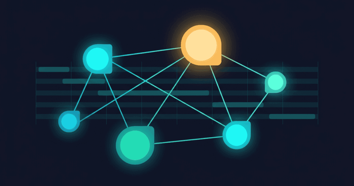 Abstract flat illustration of six glowing rounded nodes connected in a loose network over faint horizontal timeline bars, in teal and cyan tones on a dark navy ground, with one bright amber focal node, no text or UI.